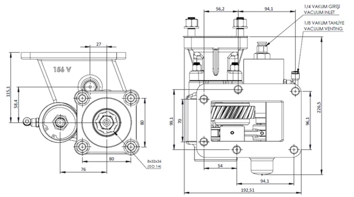 CTM 156 BC1 KV PTO teknik çizimi — kesit, ölçü ve montaj şeması
