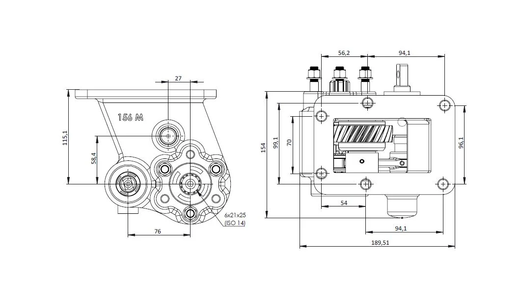 CTM 156 BE PTO teknik çizimi — kesit, ölçü ve montaj şeması