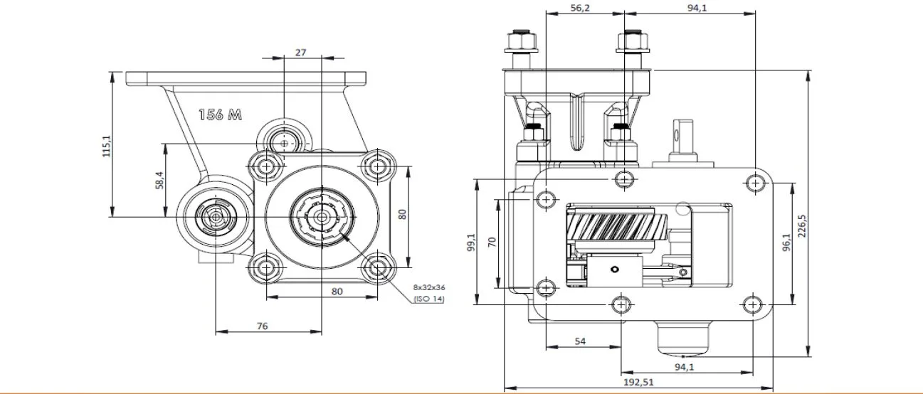 CTM 156 BC1 PTO teknik çizimi — kesit, ölçü ve montaj şeması
