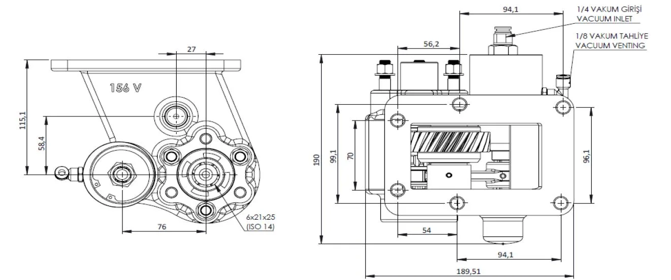 CTM 156 BC2 KV PTO teknik çizimi — kesit, ölçü ve montaj şeması