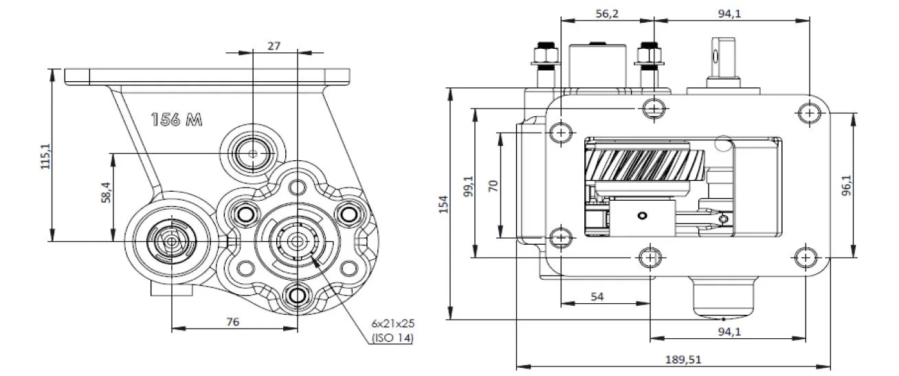 CTM 156 BC2 PTO teknik çizimi — kesit, ölçü ve montaj şeması