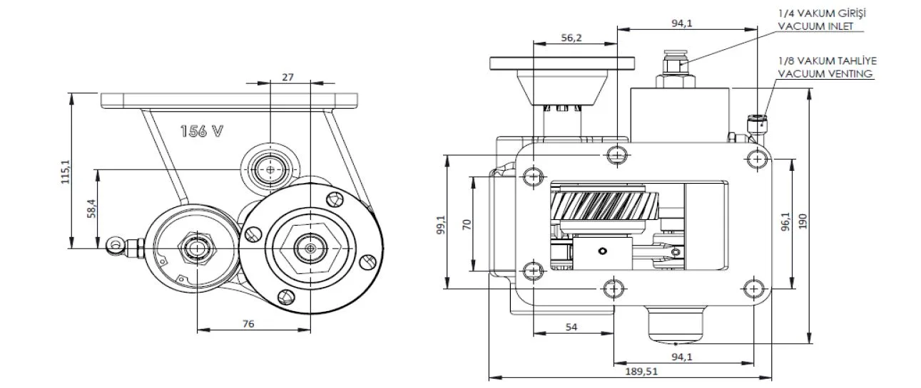 CTM 156 BD KV PTO teknik çizimi — kesit, ölçü ve montaj şeması