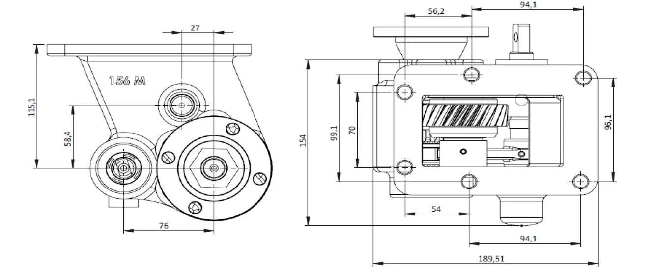 CTM 156 BD PTO teknik çizimi — kesit, ölçü ve montaj şeması