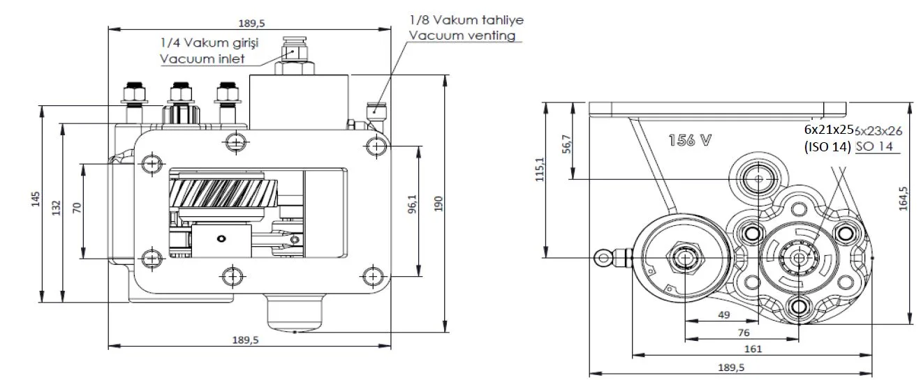 CTM 157 BE KV PTO teknik çizimi — kesit, ölçü ve montaj şeması