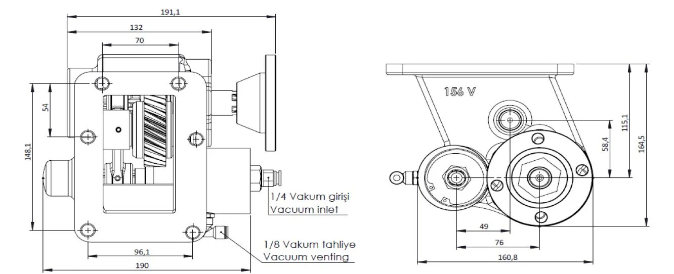 CTM 157 BD KV PTO teknik çizimi — kesit, ölçü ve montaj şeması