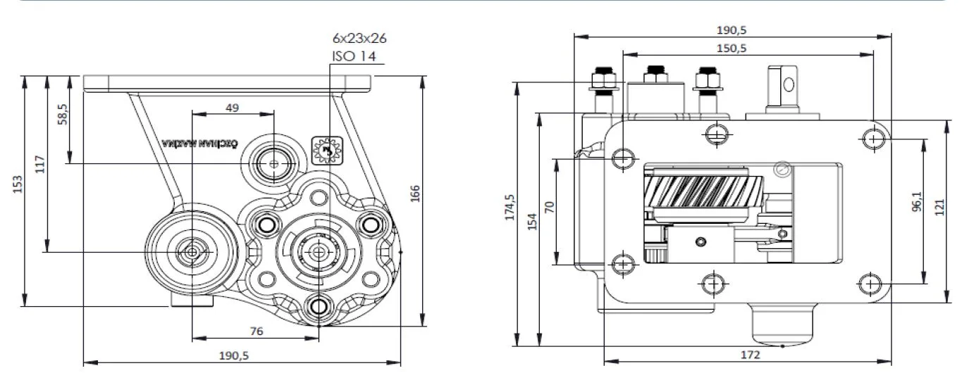 CTM 157 BC2 PTO teknik çizimi — kesit, ölçü ve montaj şeması