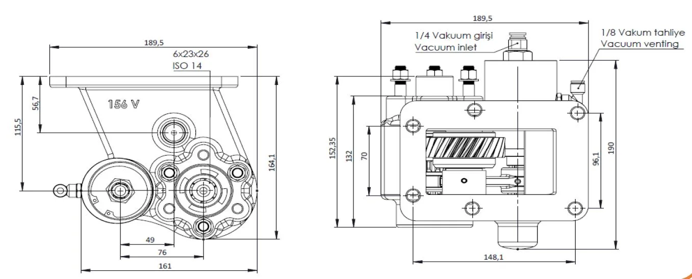 CTM 157 BC2 KV PTO teknik çizimi — kesit, ölçü ve montaj şeması