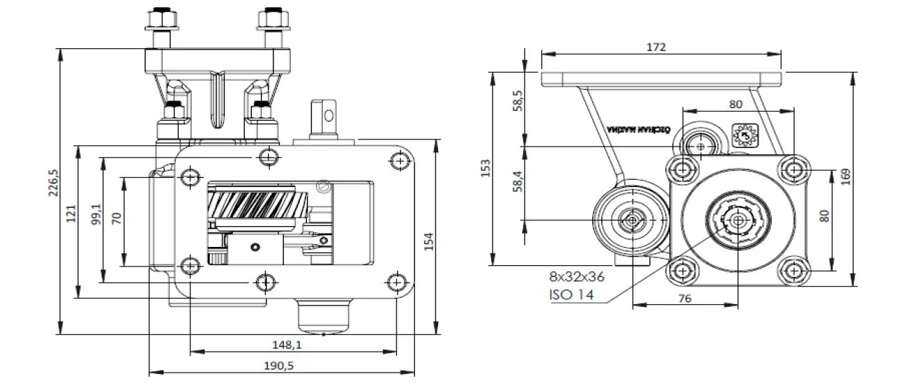 CTM 157 BC1 PTO teknik çizimi — kesit, ölçü ve montaj şeması
