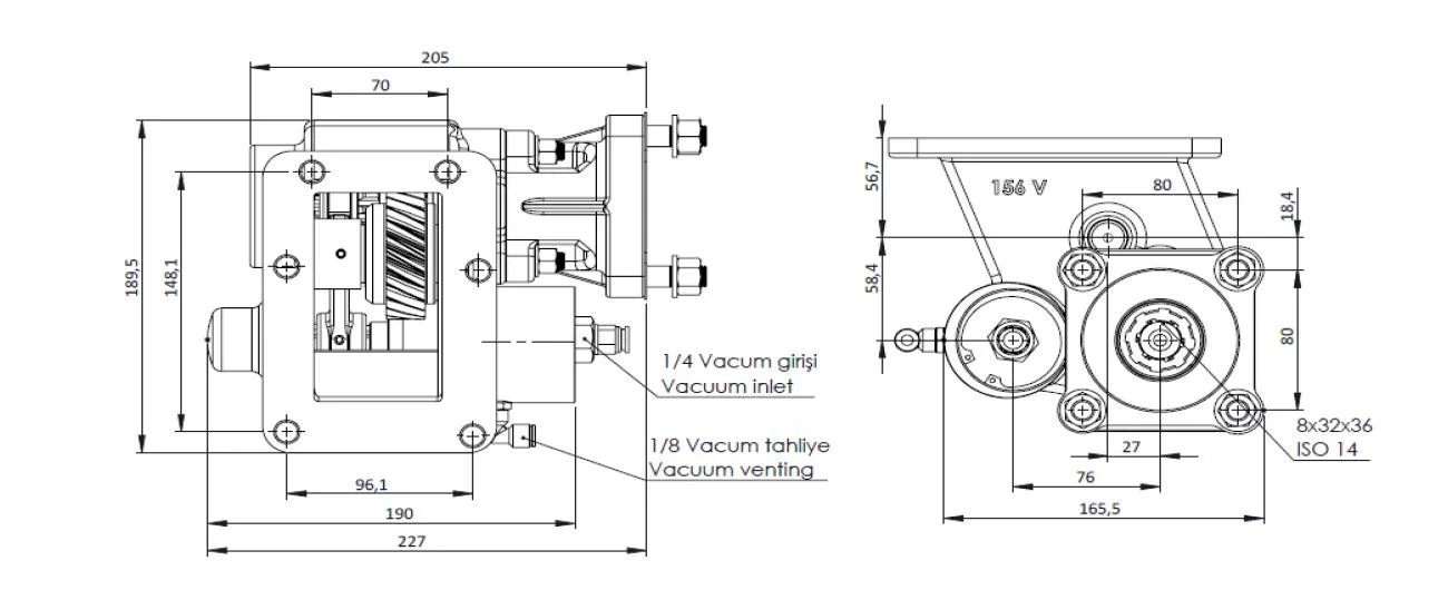 CTM 157 BC1 KV PTO teknik çizimi — kesit, ölçü ve montaj şeması