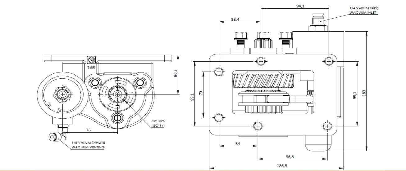 CTM 160 BE KV PTO teknik çizimi — kesit, ölçü ve montaj şeması