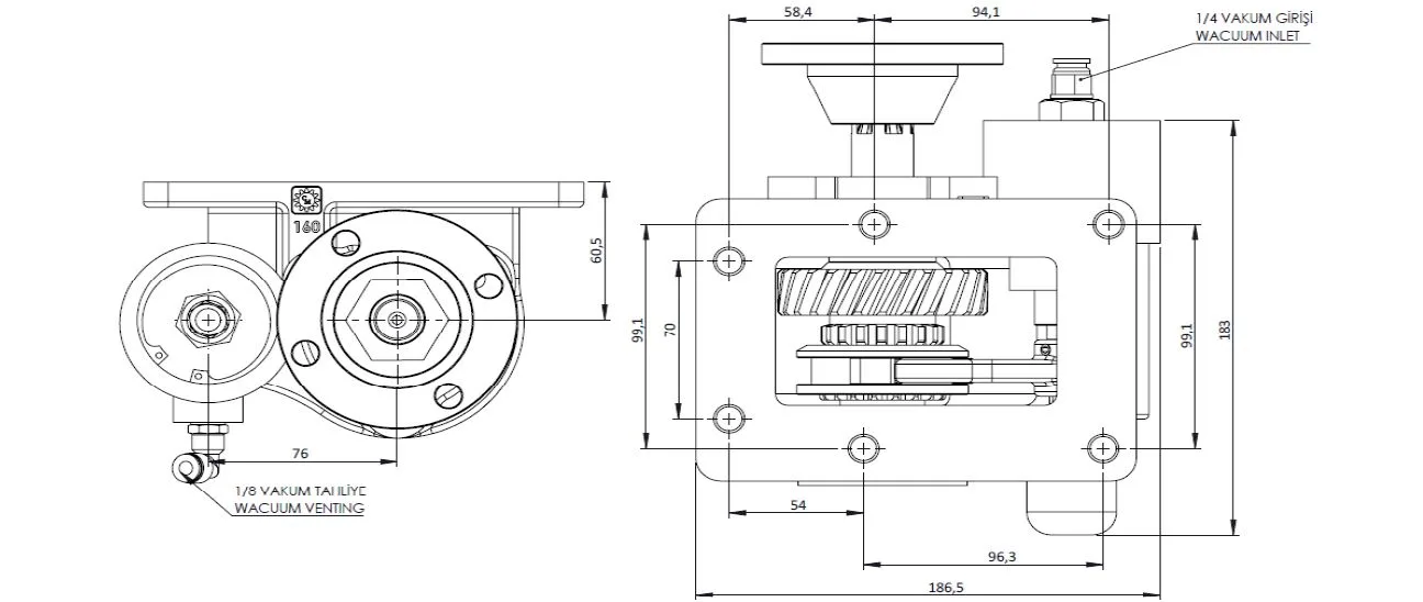 CTM 160 BD KV PTO teknik çizimi — kesit, ölçü ve montaj şeması