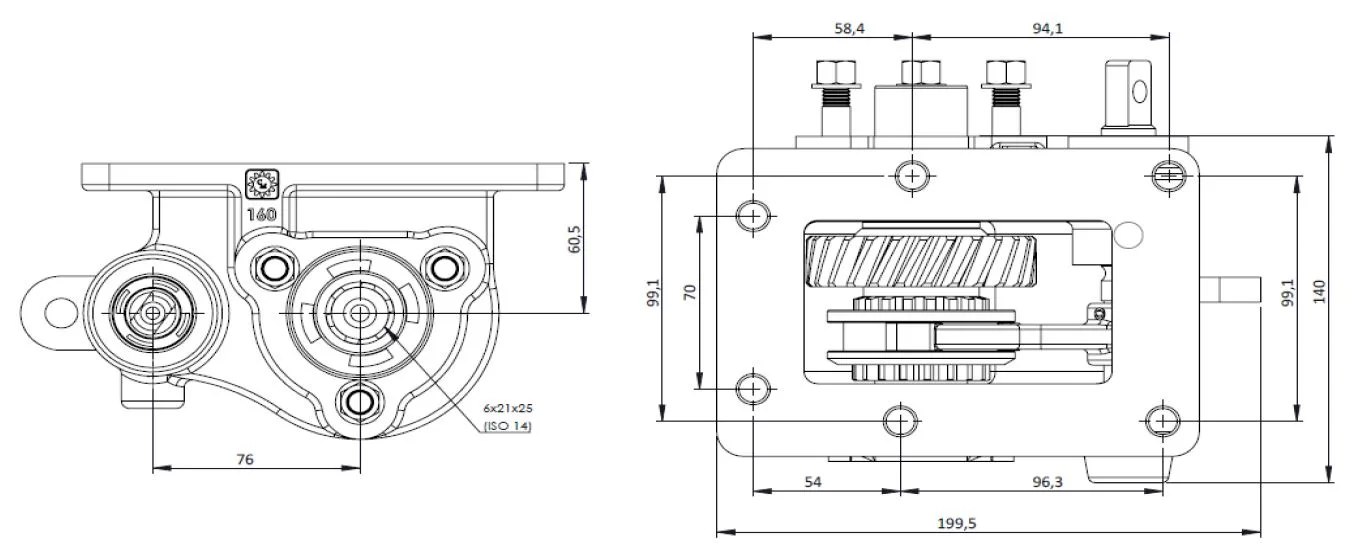 CTM 160 BC2 PTO teknik çizimi — kesit, ölçü ve montaj şeması