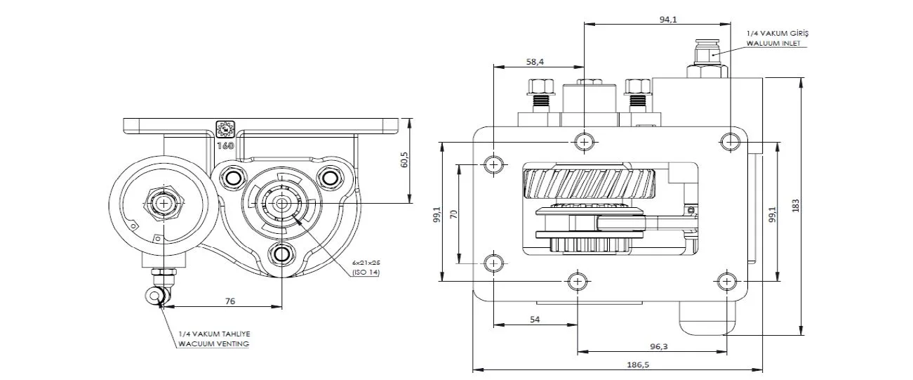 CTM 160 BC2 KV PTO teknik çizimi — kesit, ölçü ve montaj şeması