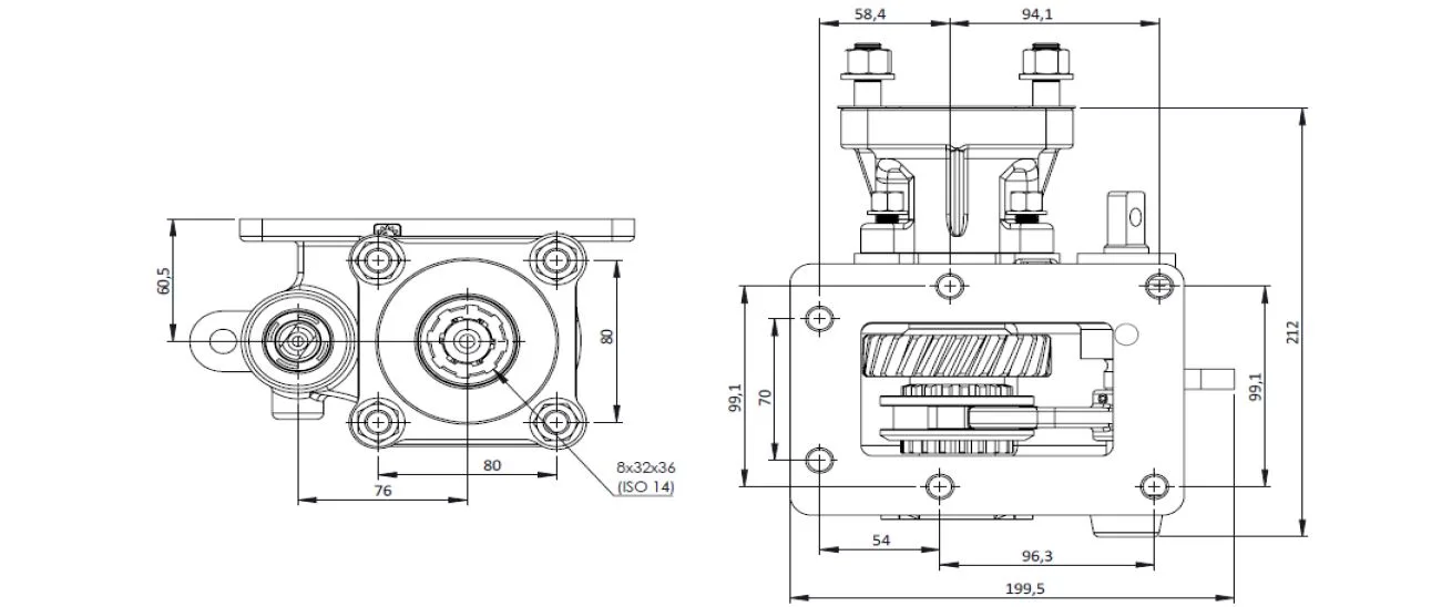 CTM 160 BC1 PTO teknik çizimi — kesit, ölçü ve montaj şeması
