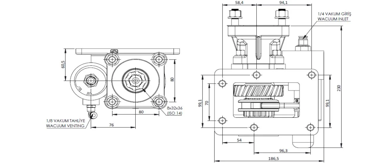 CTM 160 BC1 KV PTO teknik çizimi — kesit, ölçü ve montaj şeması