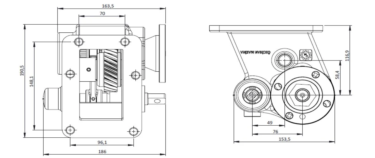 CTM 157 BD PTO teknik çizimi — kesit, ölçü ve montaj şeması