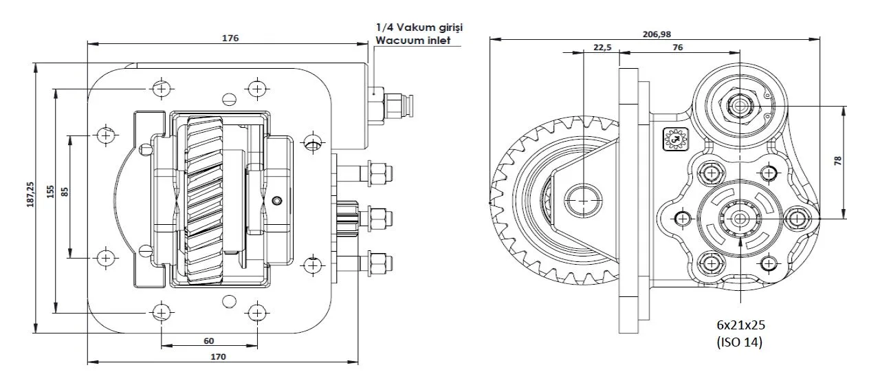 CTM 161 AE PTO teknik çizimi — kesit, ölçü ve montaj şeması