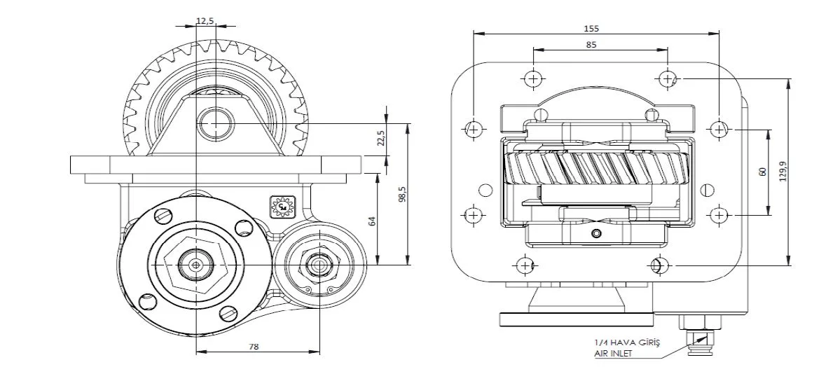 CTM 161 AD PTO teknik çizimi — kesit, ölçü ve montaj şeması
