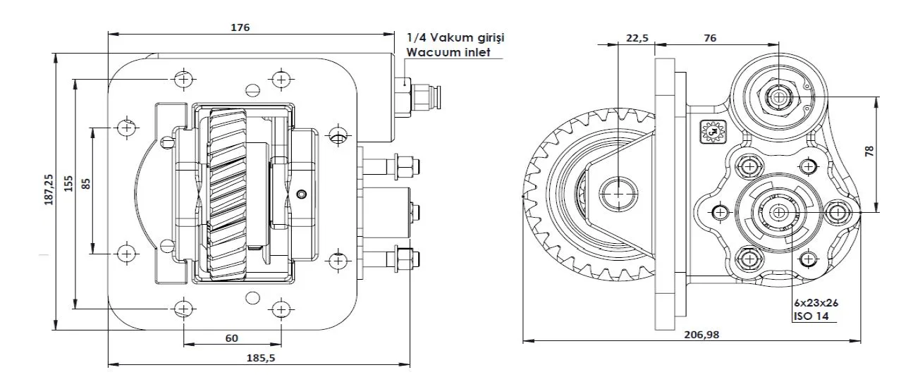 CTM 161 AC2 PTO teknik çizimi — kesit, ölçü ve montaj şeması