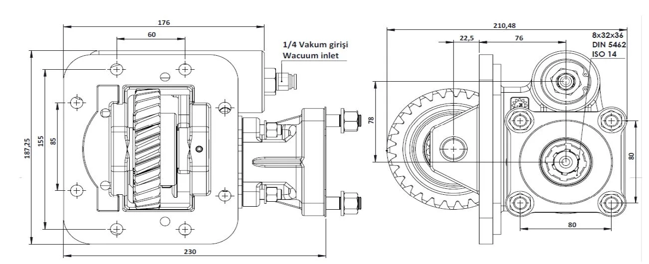 CTM 161 AC1 PTO teknik çizimi — kesit, ölçü ve montaj şeması