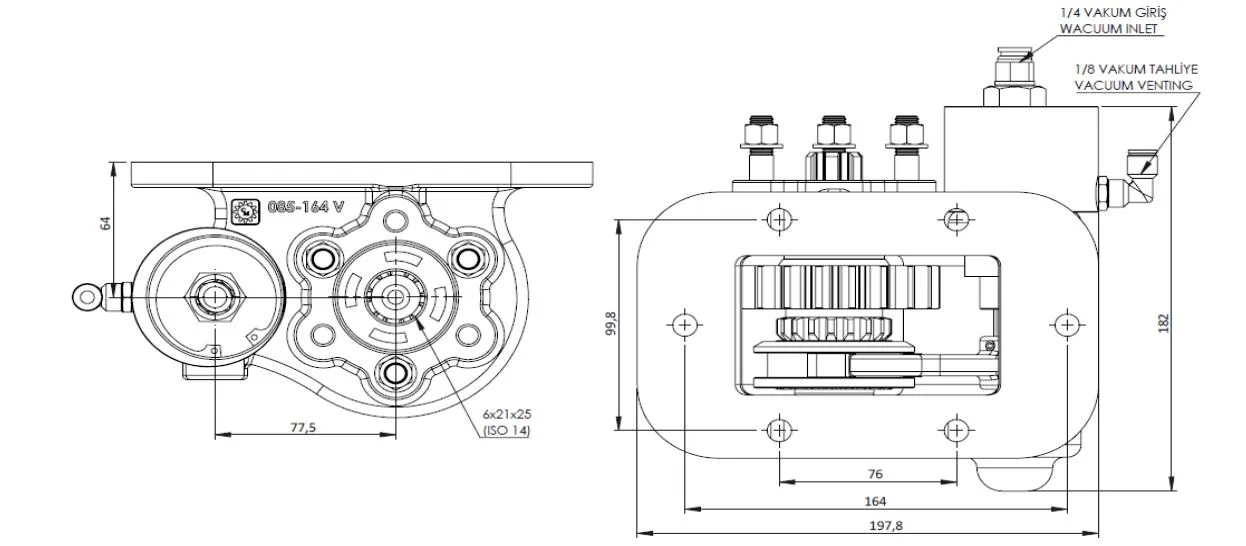 CTM 164 BE KV PTO teknik çizimi — kesit, ölçü ve montaj şeması