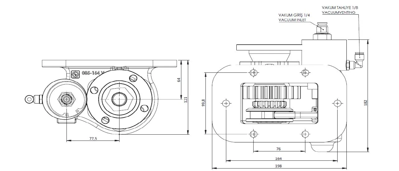 CTM 164 BD KV PTO teknik çizimi — kesit, ölçü ve montaj şeması