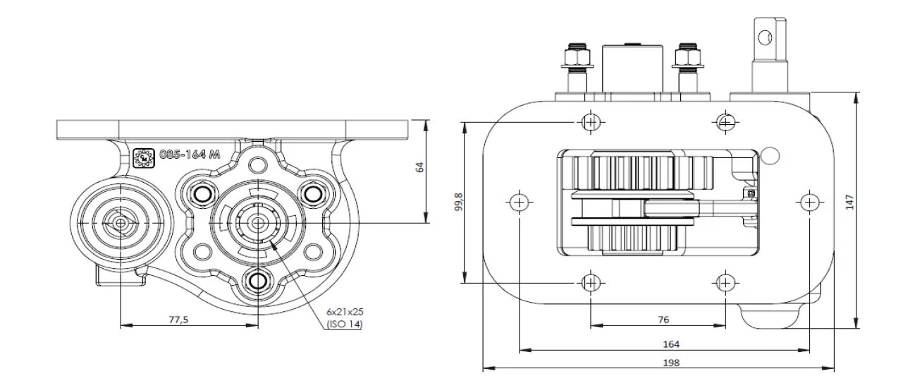 CTM 164 BC2 PTO teknik çizimi — kesit, ölçü ve montaj şeması