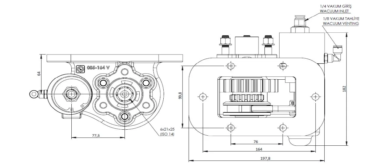 CTM 164 BC2 KV PTO teknik çizimi — kesit, ölçü ve montaj şeması