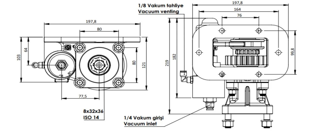 CTM 164 BC1 KV PTO teknik çizimi — kesit, ölçü ve montaj şeması