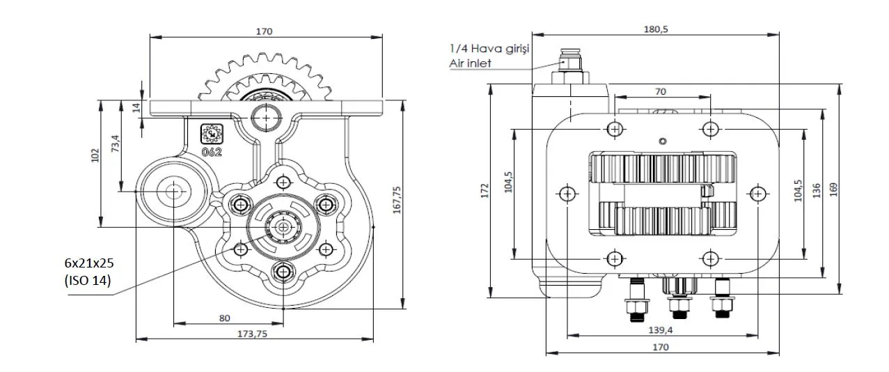 CTM 165 AE PTO teknik çizimi — kesit, ölçü ve montaj şeması