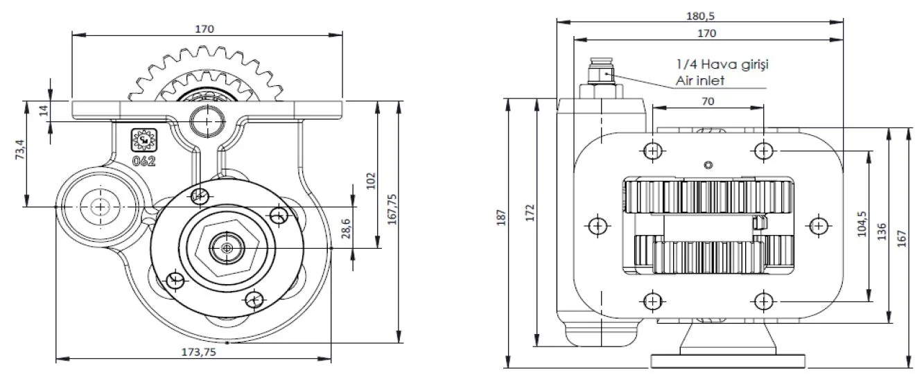 CTM 165 AD PTO teknik çizimi — kesit, ölçü ve montaj şeması