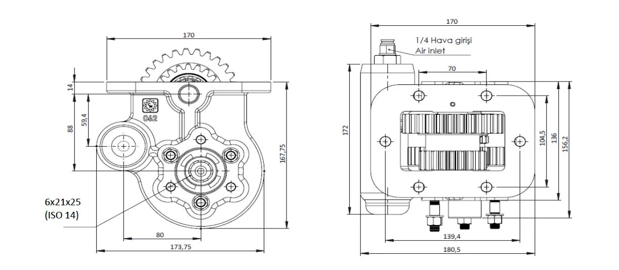 CTM 165 AC2 PTO teknik çizimi — kesit, ölçü ve montaj şeması