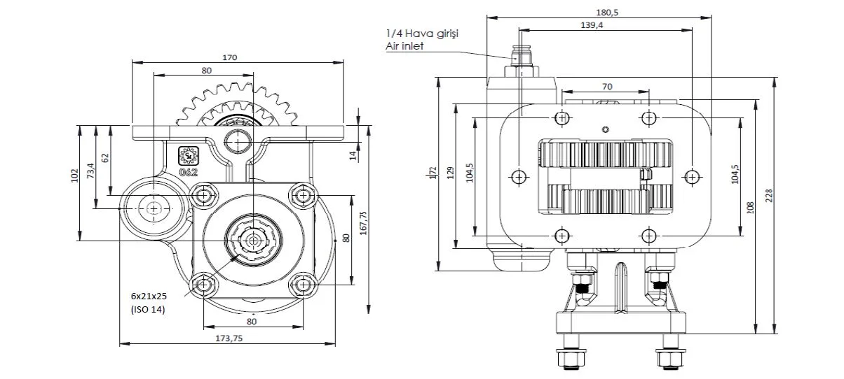 CTM 165 AC1 PTO teknik çizimi — kesit, ölçü ve montaj şeması