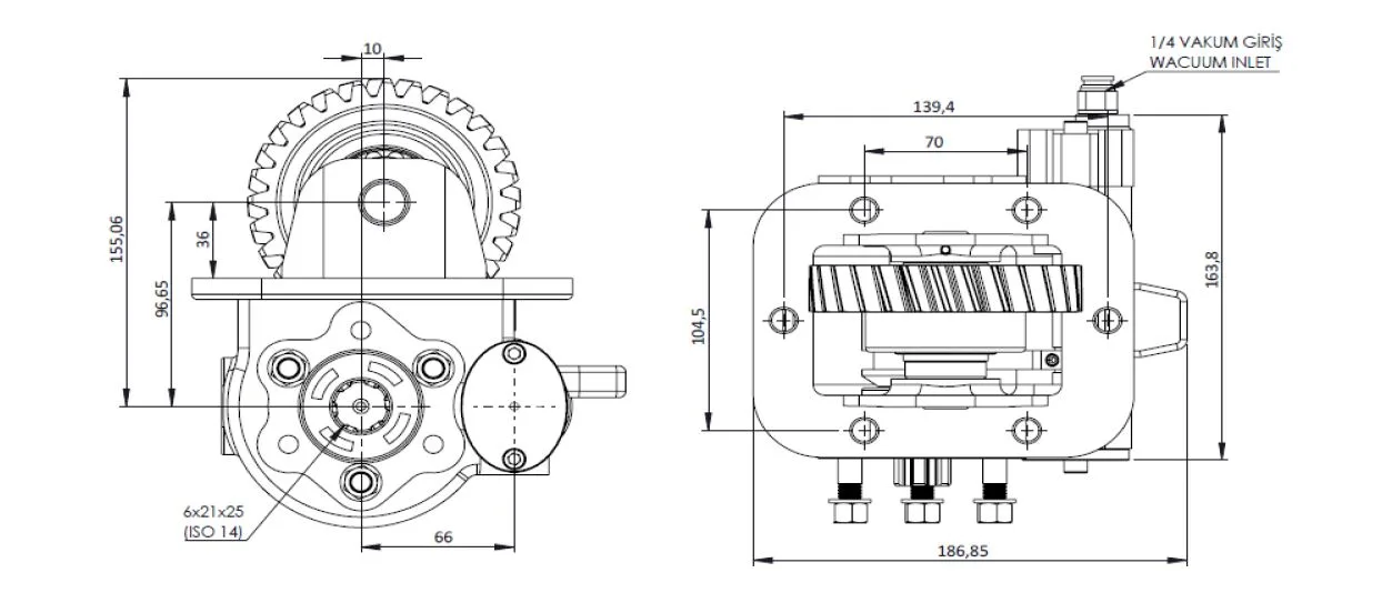 CTM 166 AE PTO teknik çizimi — kesit, ölçü ve montaj şeması