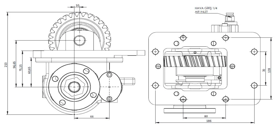 CTM 166 AD PTO teknik çizimi — kesit, ölçü ve montaj şeması