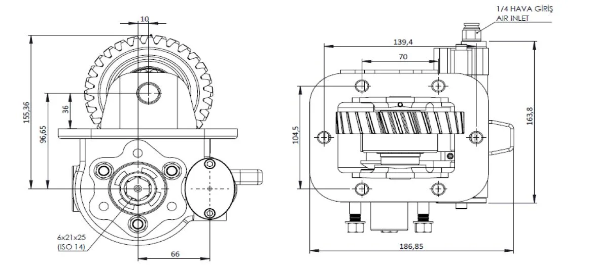 CTM 166 AC2 PTO teknik çizimi — kesit, ölçü ve montaj şeması
