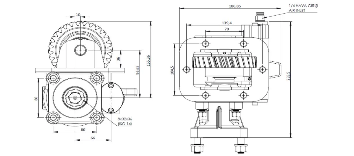 CTM 166 AC1 PTO teknik çizimi — kesit, ölçü ve montaj şeması