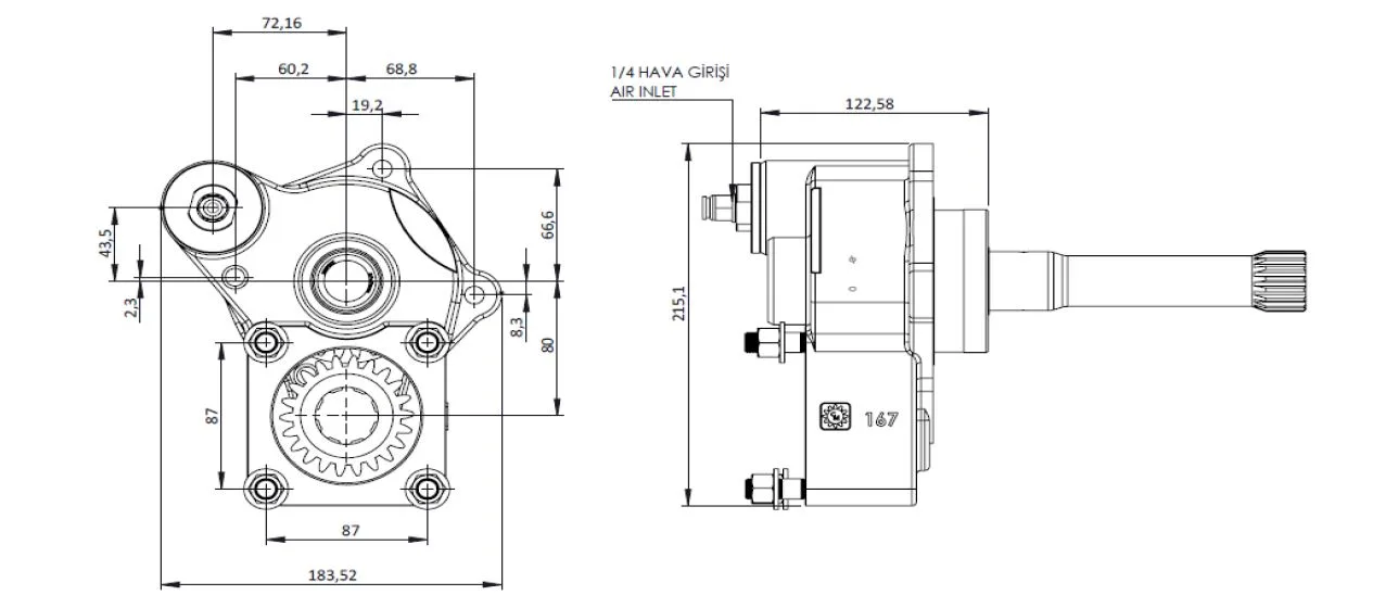 CTM 167 AC1 PTO teknik çizimi — kesit, ölçü ve montaj şeması