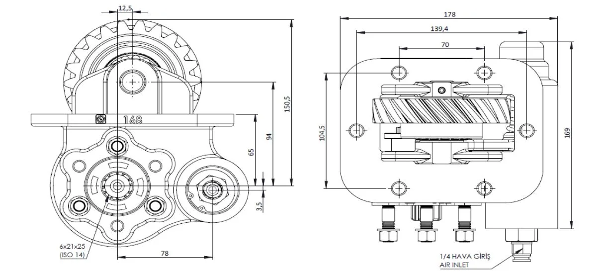 CTM 168 AE PTO teknik çizimi — kesit, ölçü ve montaj şeması