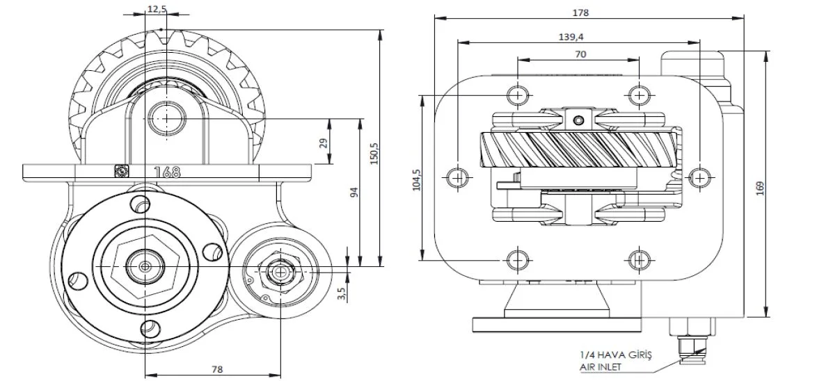 CTM 168 AD PTO teknik çizimi — kesit, ölçü ve montaj şeması