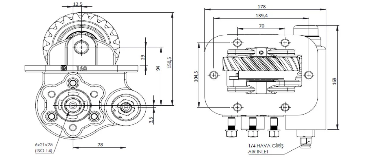 CTM 168 AC2 PTO teknik çizimi — kesit, ölçü ve montaj şeması