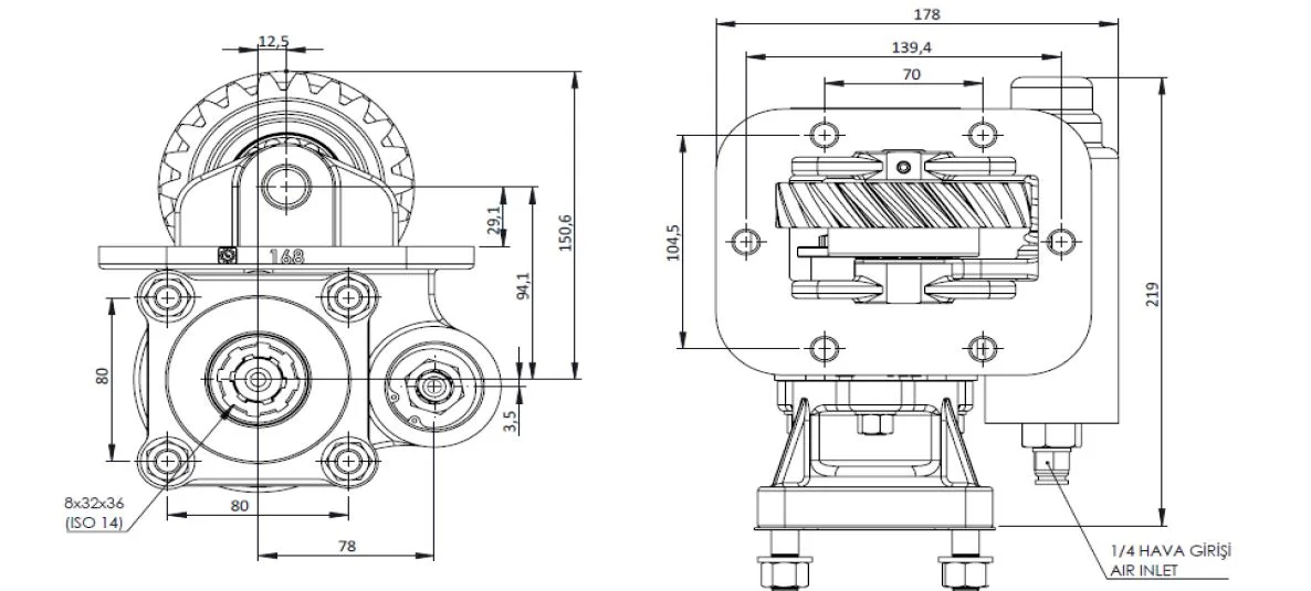 CTM 168 AC1 PTO teknik çizimi — kesit, ölçü ve montaj şeması