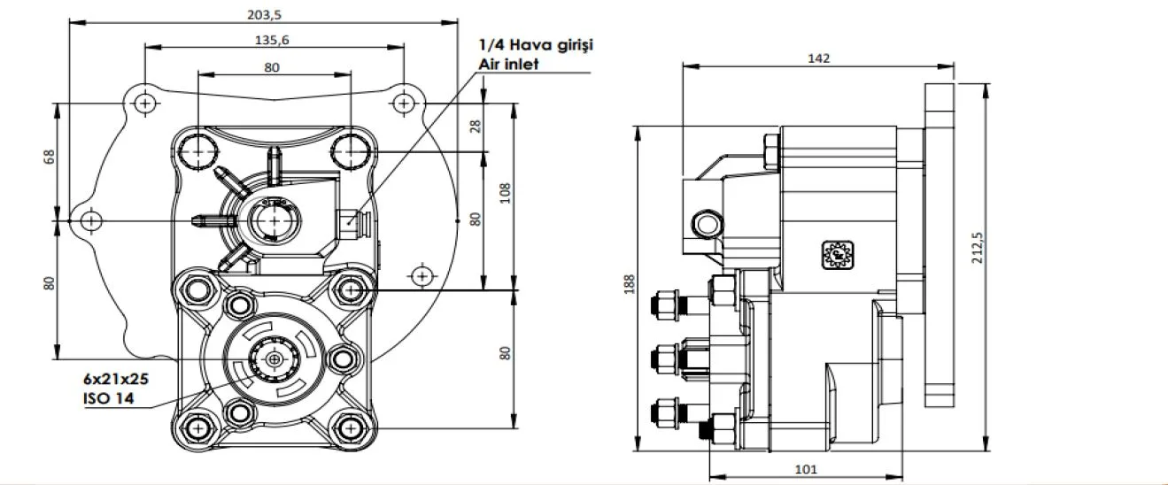 CTM 169 AE PTO teknik çizimi — kesit, ölçü ve montaj şeması