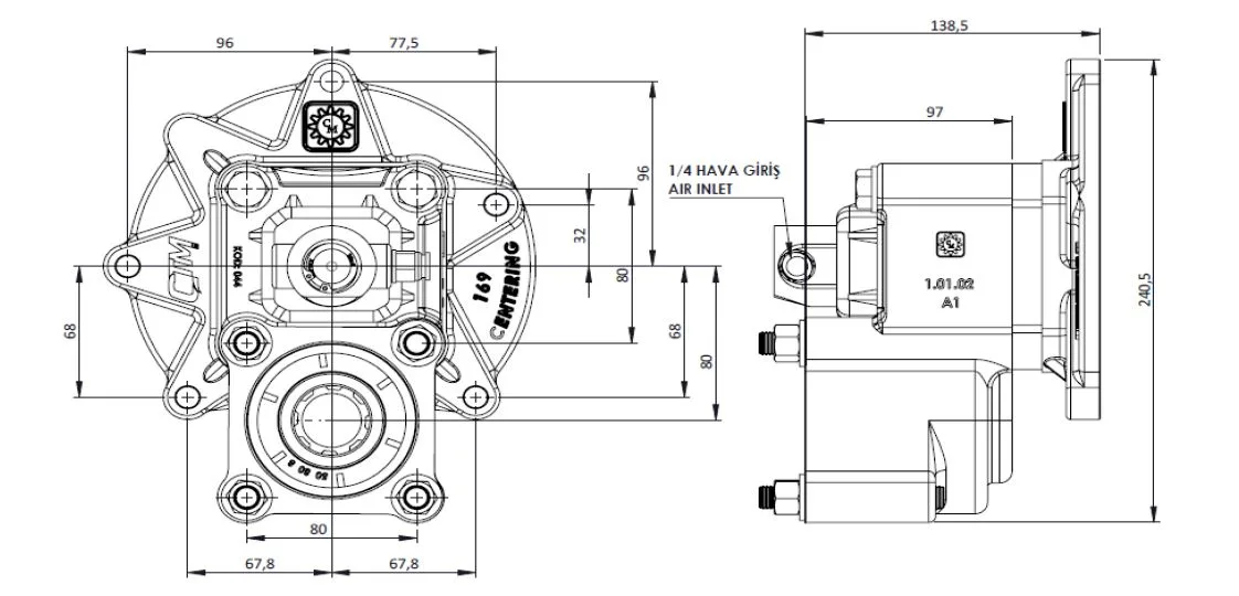 CTM 169 A1 PTO teknik çizimi — kesit, ölçü ve montaj şeması