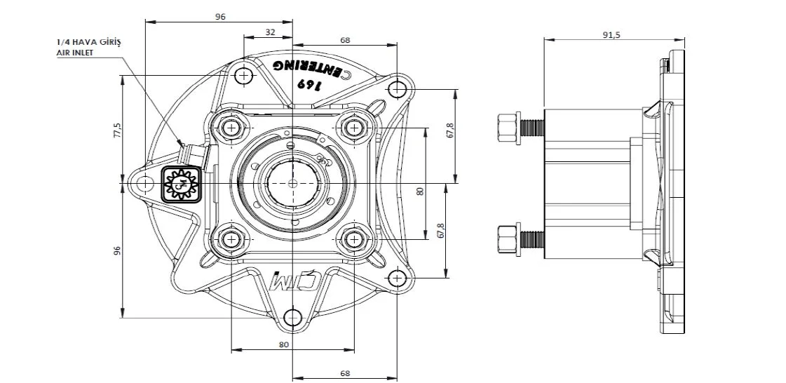 CTM 169 AC1 T PTO teknik çizimi — kesit, ölçü ve montaj şeması