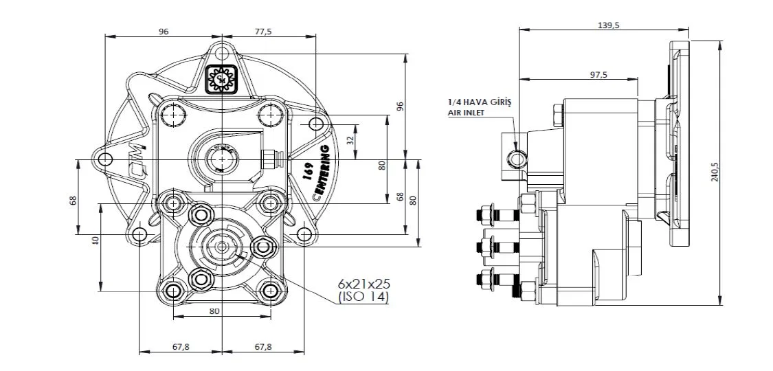 CTM 169 AC2 PTO teknik çizimi — kesit, ölçü ve montaj şeması