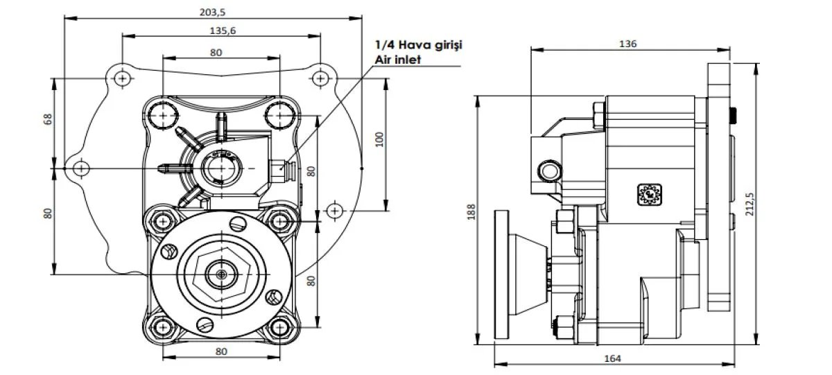 CTM 169 AD PTO teknik çizimi — kesit, ölçü ve montaj şeması