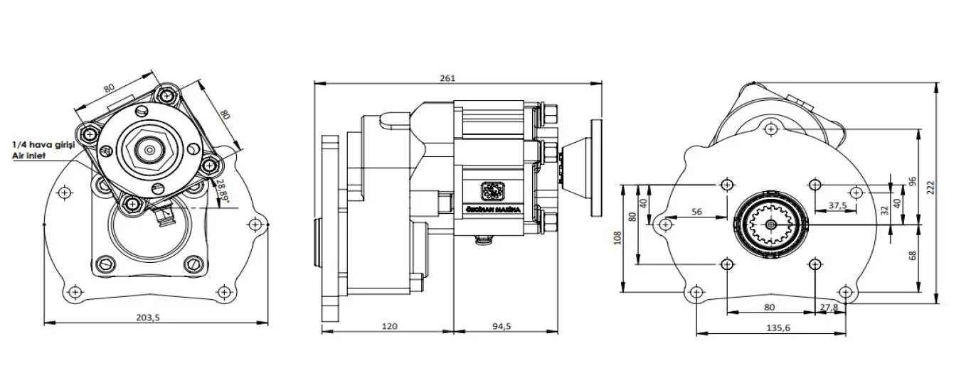 CTM 169 AD1 PTO teknik çizimi — kesit, ölçü ve montaj şeması