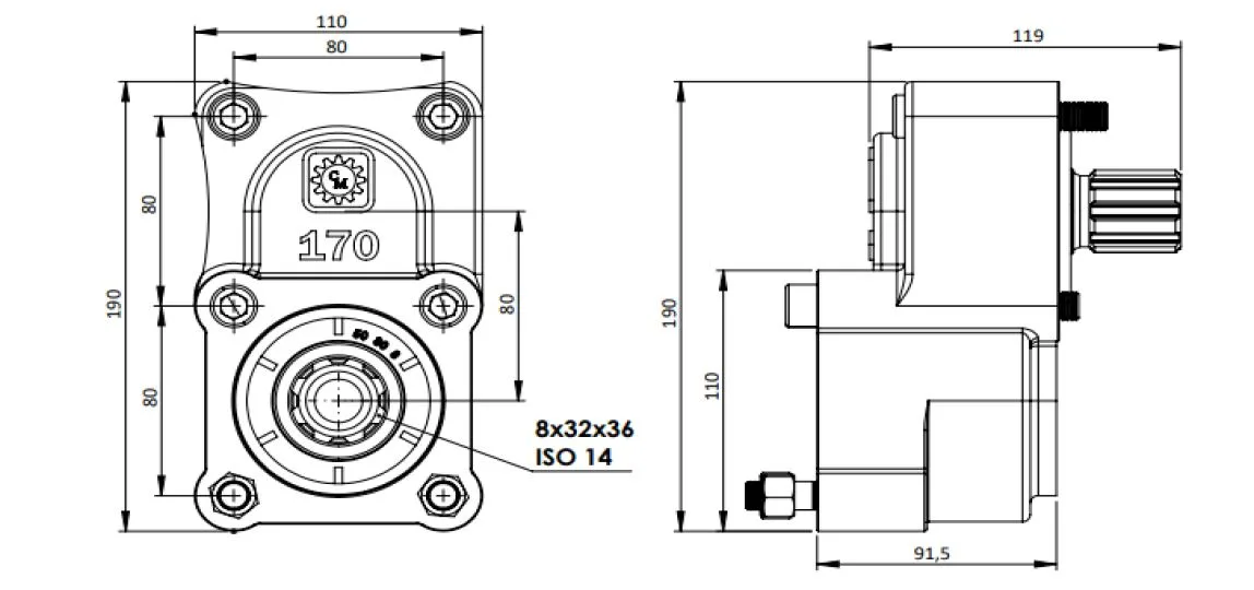 CTM 170 A1 1.25 PTO teknik çizimi — kesit, ölçü ve montaj şeması