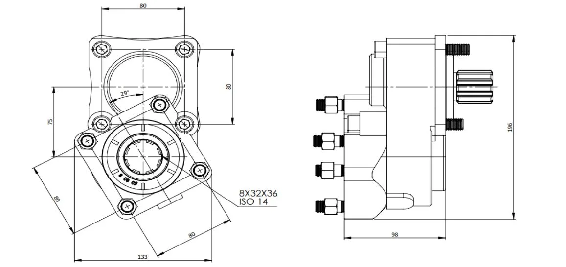CTM 170 A1-1.5 PTO teknik çizimi — kesit, ölçü ve montaj şeması